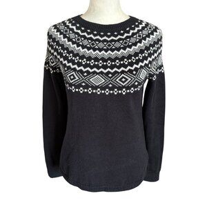 Talbots black and white Fair Isle crewneck pullover long sleeve sweater size PS